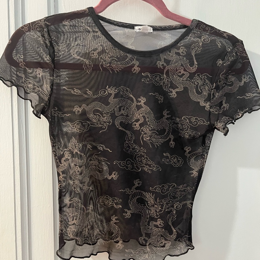 Garage Black Sheer Dragon-Print Short Sleeve Top